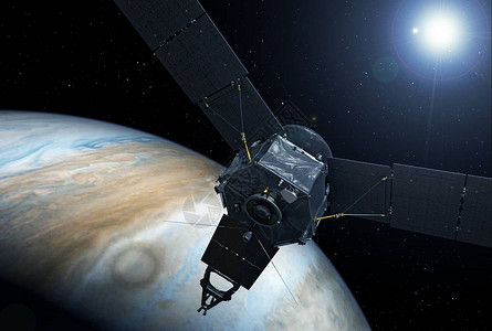 太空卫星探测器木星上方的太阳背景图片