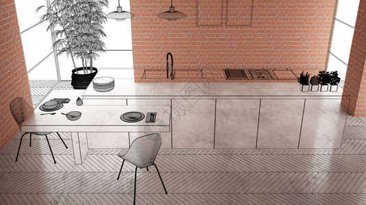 家居装修房屋开发概念背景在建室内设计定制设计项目黑色墨水草图显示简约厨房的图片