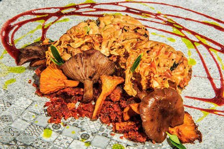 以蘑菇和肉食配菜草药和酱汁在原餐厅盘子上烤图片