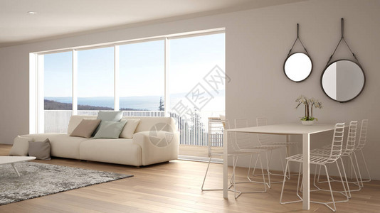 家具定制顶楼简约厨房室内设计带沙发和地毯的休息室餐桌带凳子的岛台镶木地板现代当白色建背景
