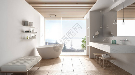 豪华的现代白色浴室配有镶木地板和木天花板海景大全景窗户浴缸淋浴和双水槽室内设计图片