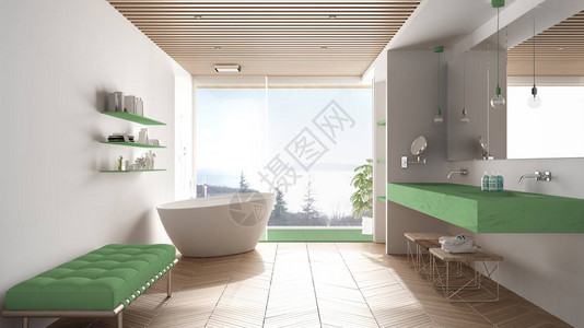 豪华的现代白色和绿色浴室配有镶木地板和木天花板海景大全景窗户浴缸淋浴和双水槽室内设计图片