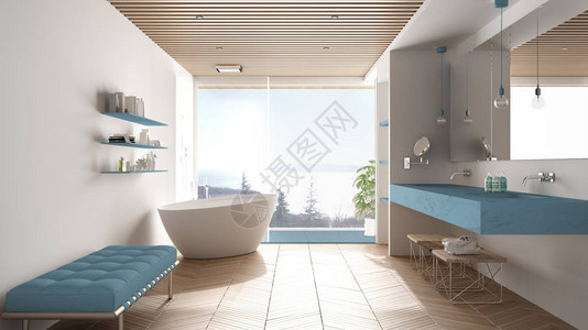 豪华的现代白色和蓝色浴室配有镶木地板和木天花板海景大全景窗户浴缸淋浴和双水槽室内设计图片