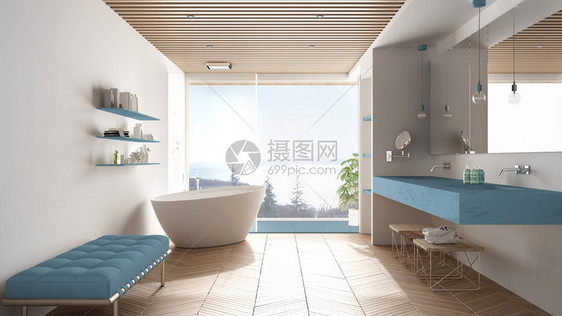 豪华的现代白色和蓝色浴室配有镶木地板和木天花板海景大全景窗户浴缸淋浴和双水槽室内设计图片