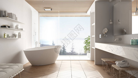 豪华的现代白色浴室配有镶木地板和木天花板海景大全景窗户浴缸淋浴和双水槽室内设计图片