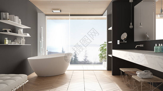 豪华的现代白色和灰色浴室配有镶木地板和木天花板海景大全景窗浴缸淋浴和双水槽室内设计图片