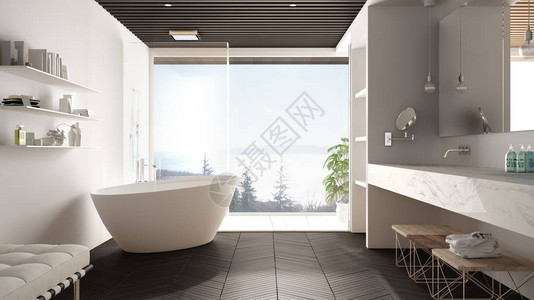 豪华的现代白色和灰色浴室配有镶木地板和木天花板海景大全景窗浴缸淋浴和双水槽室内设计图片