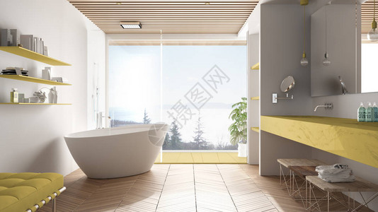 豪华的现代白色和黄色浴室配有镶木地板和木天花板海景大全景窗浴缸淋浴和双水槽室内设计图片