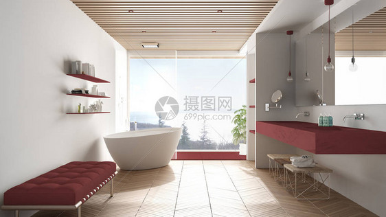 豪华的现代白色和红色浴室配有镶木地板和木天花板海景大全景窗户浴缸淋浴和双水槽室内设计图片