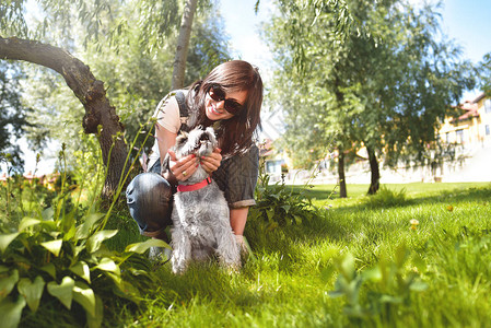 坐在太阳镜里快乐的caucasians女人与她深爱的狗Schnauter在图片