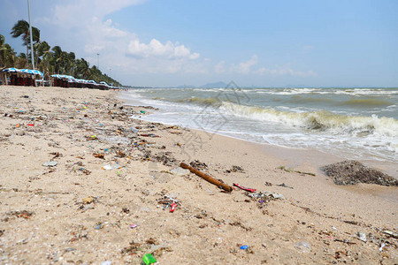 脏沙滩上空塑料水瓶的低视角图像图片