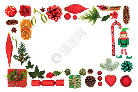 圣诞节日背景与树木腐烂的装饰品食品符号和冬季植物交界图片
