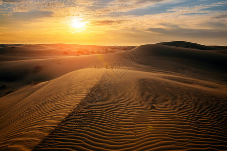在沙漠的沙丘的美丽日落图片