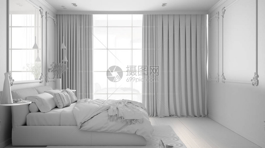 现代卧室的全白色项目草图在经典房间里有墙饰镶木地板带羽绒被和枕头的双人床镜子和装饰室内图片