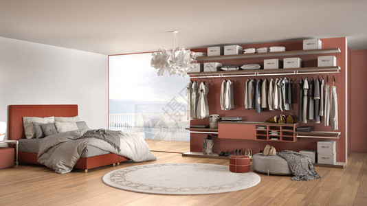 豪华的白色和红色现代卧室配有双人床和步入式衣橱衣服镶木地板带冬季全景的全景窗户地毯坐垫最小的图片