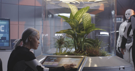 一名女科学家使用植物孵化器数字接口中图片