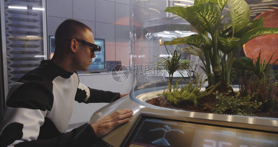 一名男科学家与植物孵化器数字界面合作的中片图片