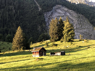 Oberseetal高山谷和Glarnerland旅游区的传统建筑和农舍图片