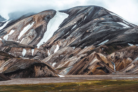 Landmannalaugar在冰岛北欧洲高地的超现实自然风光景观美丽多彩的雪山地形以夏季徒步探险和户图片