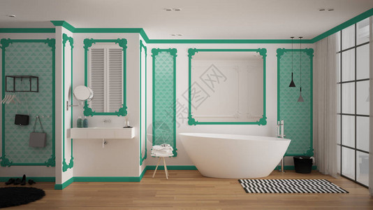 古典室内现代白色和绿宝石洗手间墙模面板配有地毯和附件的浴缸最小水槽和装背景图片