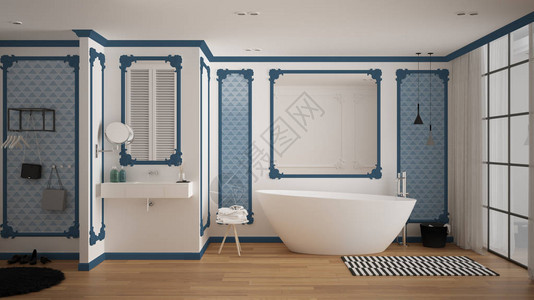 经典客房内的现代白色和蓝色浴室墙饰镶木地板带地毯和配件的浴缸简约的水槽和装饰吊灯图片