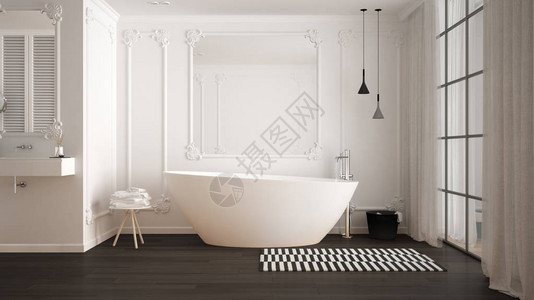 经典客房内的现代白色和灰色浴室墙饰镶木地板带地毯和配件的浴缸简约的水槽和装饰吊灯背景图片