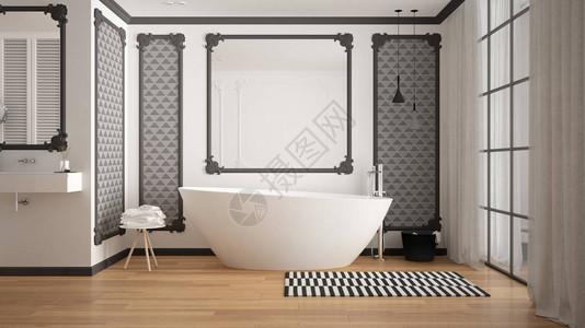 经典客房内的现代白色和灰色浴室墙饰镶木地板带地毯和配件的浴缸简约的水槽和装饰吊灯图片