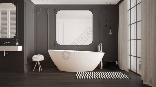 经典客房内的现代白色和灰色浴室墙饰镶木地板带地毯和配件的浴缸简约的水槽和装饰吊灯图片