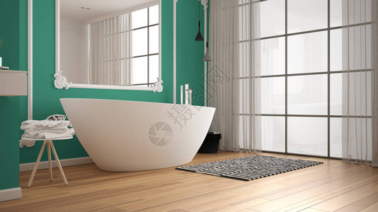 古典室内现代白色和绿宝石洗手间墙模面板配有地毯和附件的浴缸最小水槽和装背景图片