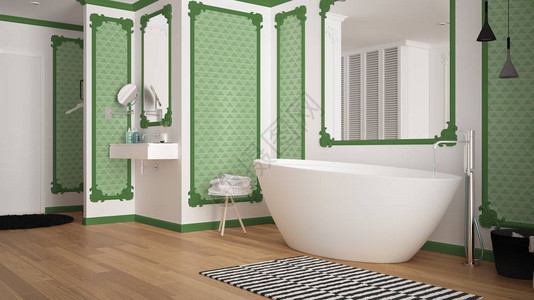 经典客房内的现代白色和绿色浴室墙饰镶木地板带地毯和配件的浴缸简约的水槽和装饰吊灯图片