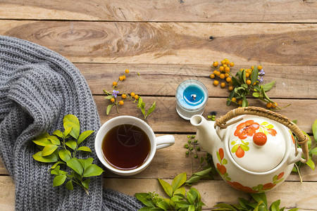 绿南瓜保健植被热茶健康饮和毛绒围巾妇女放松秋季节安排图片