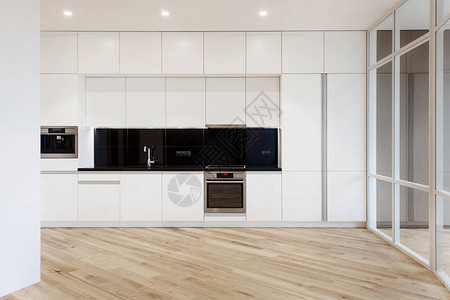 房子有现代室内设计和白色厨房的木复合地板图片