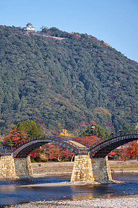 日本山口县岩国市秋季山上的锦河和岩国城历史悠久的木图片