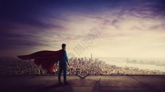 俯瞰城市地平线超级英雄领导和成功理念超现实图片