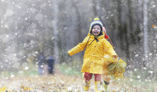 蹒跚学步的孩子们在秋天的公园里散步秋林初霜雪孩子们在公园背景图片