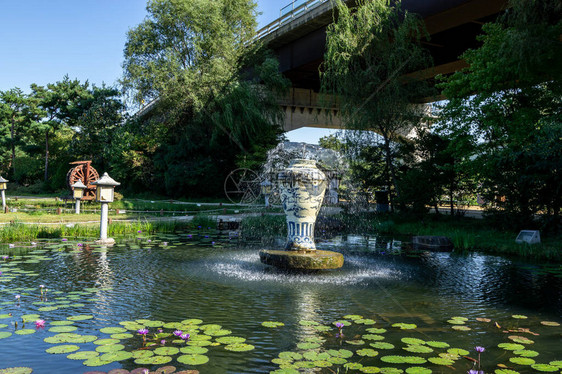 韩国杨平半元花园的热带睡莲池百合花被各种艺术作品和喷泉包围拍摄于2019年10图片