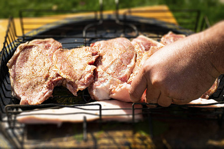 烹调猪肉烧烤猪肉配橄榄油和香料生猪肉牛排腌肉在图片