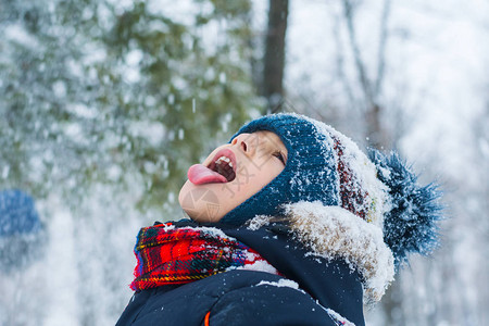 男孩伸出舌头接住雪花背景图片