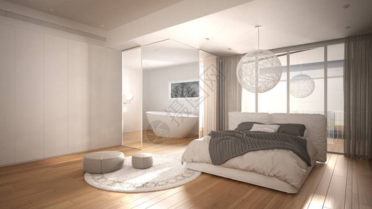 带浴室的豪华现代卧室镶木地板大全景窗户彩色玻璃双人床浴缸带坐垫的地毯简约的干净背景图片