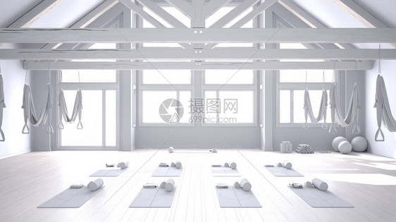 空荡的瑜伽室内设计的全白色项目图片