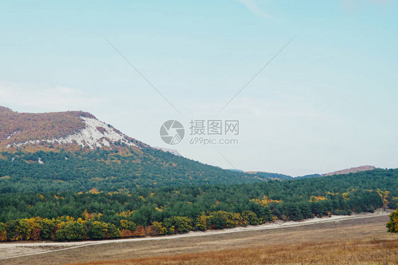 有山的秋天森林风景图片