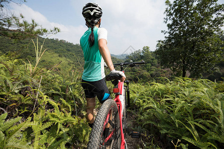 在热带森林小径上骑山地自行车的越野自行车女自行车图片
