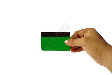 手持白色背景的空白绿色信用卡Finance图片