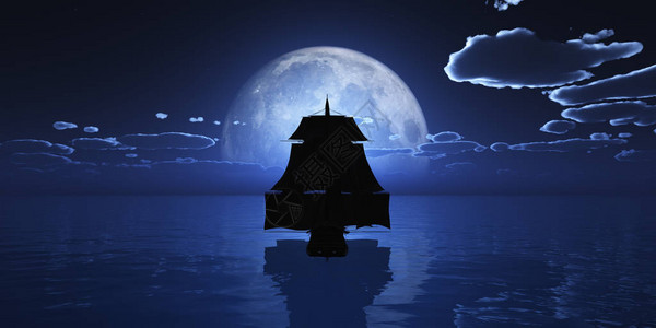 老船在晚上满月图片