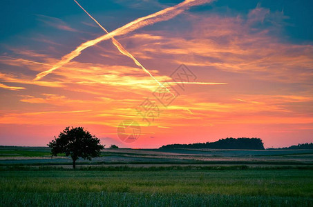 夏天五颜六色的风景在农村田的日落图片