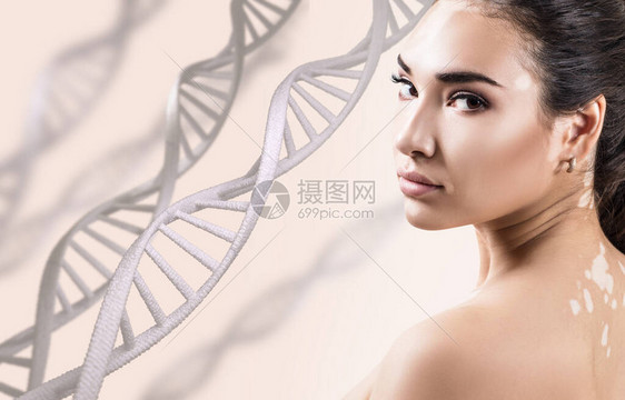 在DNA链中有着维利奥的年轻感女人跨越蜜底背景生物图片