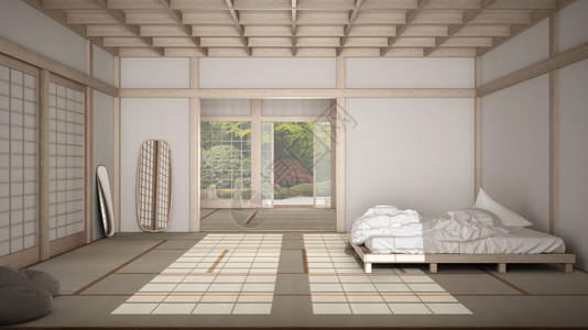 禅宗日式空荡的极简卧室木屋顶榻米地板蒲团双人床禅宗花园的大窗户冥想空间和平静瑜伽放松室背景图片