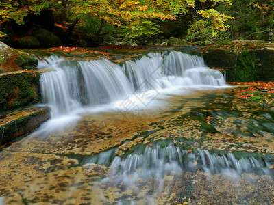 秋季景观中的瀑布曝光时间长背景图片