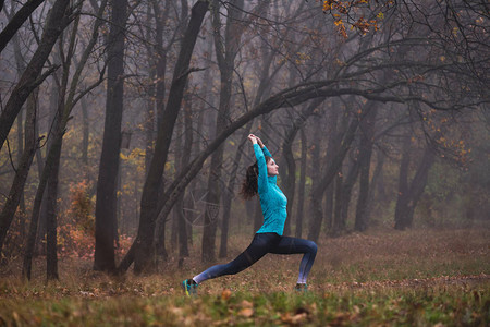 年轻的运动型女强人运动服进行健身训练在森林里举起双手向前冲刺图片