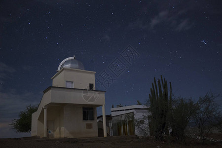 星夜天文台与孤独仙人掌和星夜在哥伦比亚威伊拉塔科阿沙漠图片